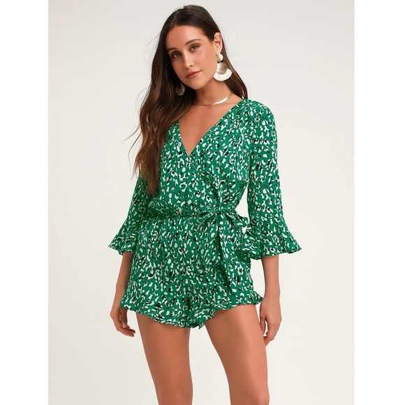 Lulus Pants - Make Moves Green and Black Print Flounce Sleeve Romper